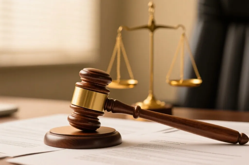 Legal documents and a scale of justice on a wooden desk symbolizing sports betting dispute resolution and player rights